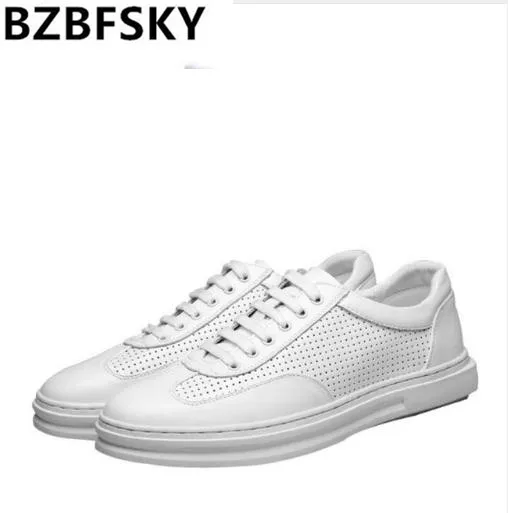 

BZBFSKY Spring Summer Fashion Men Flats Hollow cut Genuine leather Casual shoes Breathable Comfortable Male Sneakers