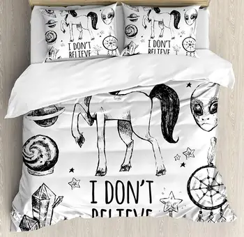 

Unicorn Duvet Cover Set Mysticism Occult Featured Set Pyramids Aliens Dream-Catcher Grunge Print Artwork 4 Piece Bedding Set
