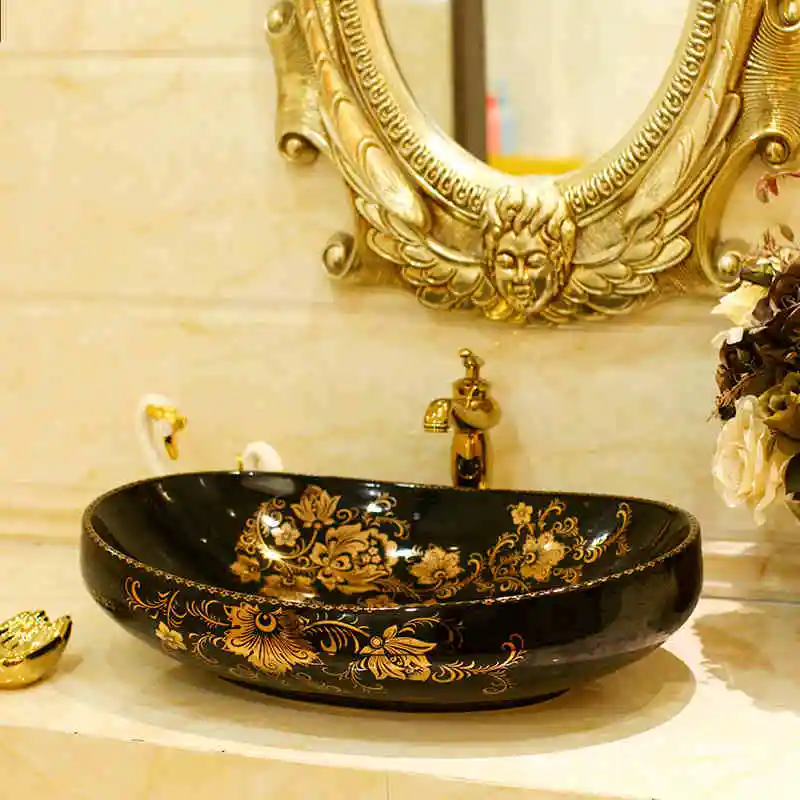 Black color oval basin bath wash basin art basin artistic basin gold