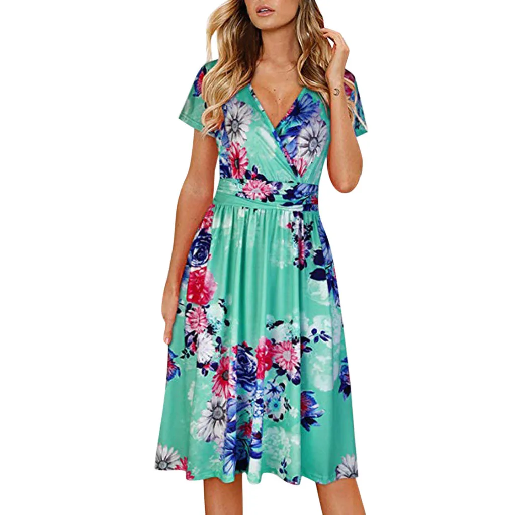 

2019 Sexy Women Bandage Damask Printing Short Sleeve Evening Party Club Dress Beach Sundress Notched Dress Drop shipping