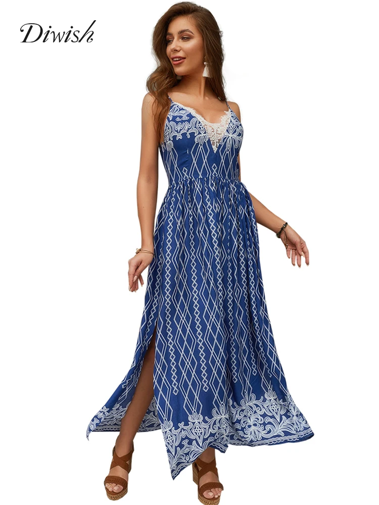 

Diwish Summer Women Maxi Dress 2019 V-collar Lace Dresses Spaghetti Strap Sexy Dress Vintage Print White Sling Beach Long Dress