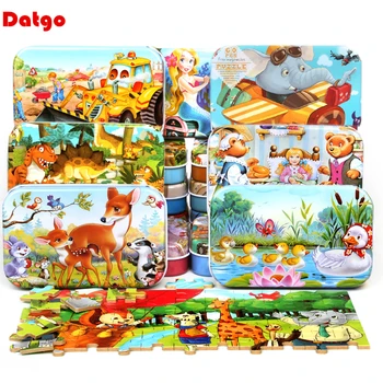 60 Pieces Wooden Puzzle Toys with Iron Box Kids Cartoon Animal Wood Puzzles Educational Toys for Children Christmas Gift 1