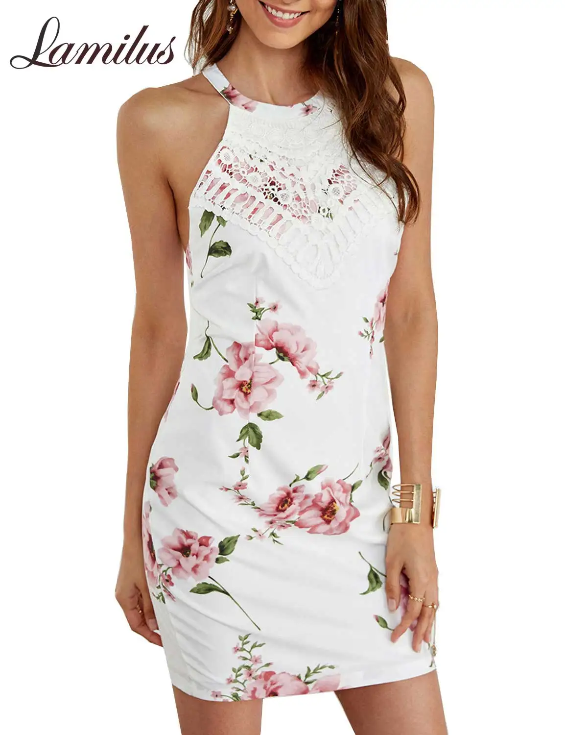 

Lamilus Women's Summer Sexy Halter Neck Backless Random Floral Print Bodycon Mini Dress