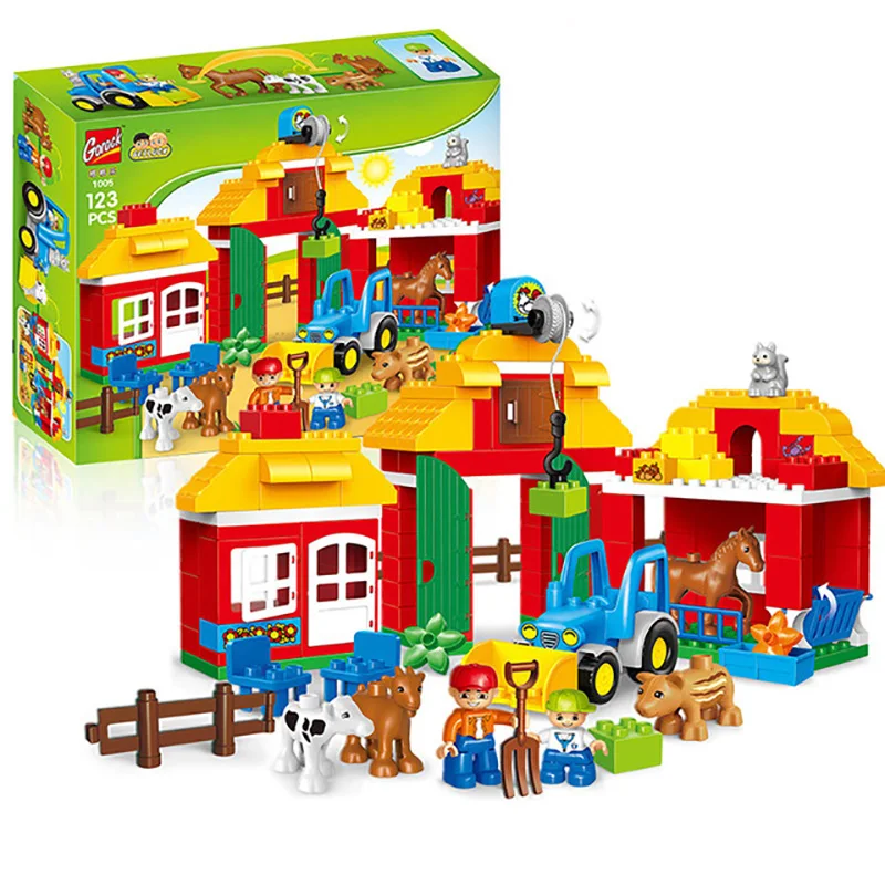 

123PCS Happy Farm Big Size Building Blocks Sets Happy Zoo With Animals For Kids City DIY Toys Compatible LegoINGs Duplo Bricks