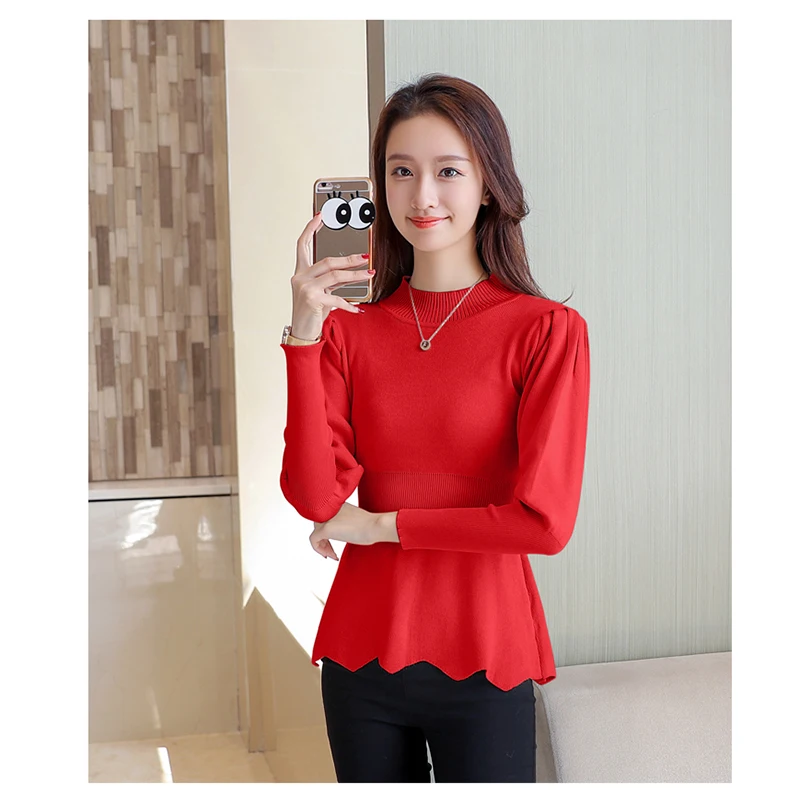 2018 New Winter Long Sleeve Pullovers Sweater Slim Women's Half-High Collar Fluffy Sleeves Sweaters Blouse Ladies Blue jumpers
