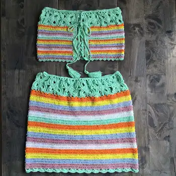 

Striped Strapless Crochet Crop Top and Skirt Summer Beach Women 2 Piece Set Bodycon Crop Top And Skirt Set Colorful