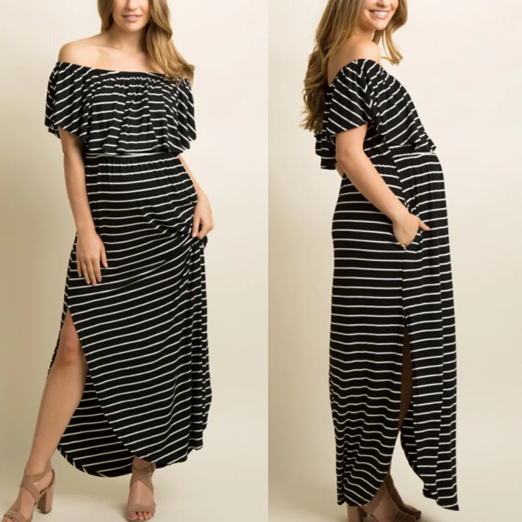 

MUQGEW maternity dresses summer dress Women Pregnant Off Shoulde Pregnant Maternity Stripe Summer Ruffles Long Dress vestido
