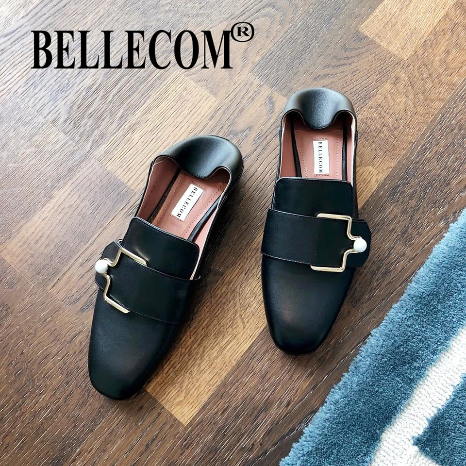 

BELLECOM 2019 Summer and Autumn Parent-style Leather Shallow Carrefour Shoes Square Button Flat Bottom and One Foot Stick Leisur