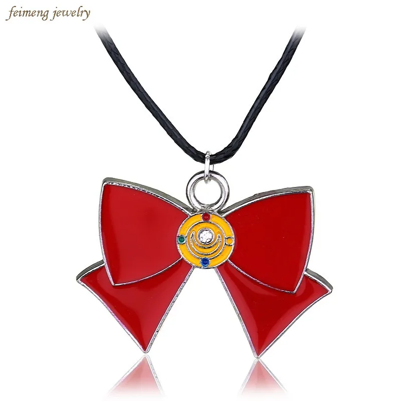 

Drop shipping HSIC Anime Sailor Moon Necklace Jewelry Enamel Red Bow Charms Pendant Necklace for Girls Women Statement For Women