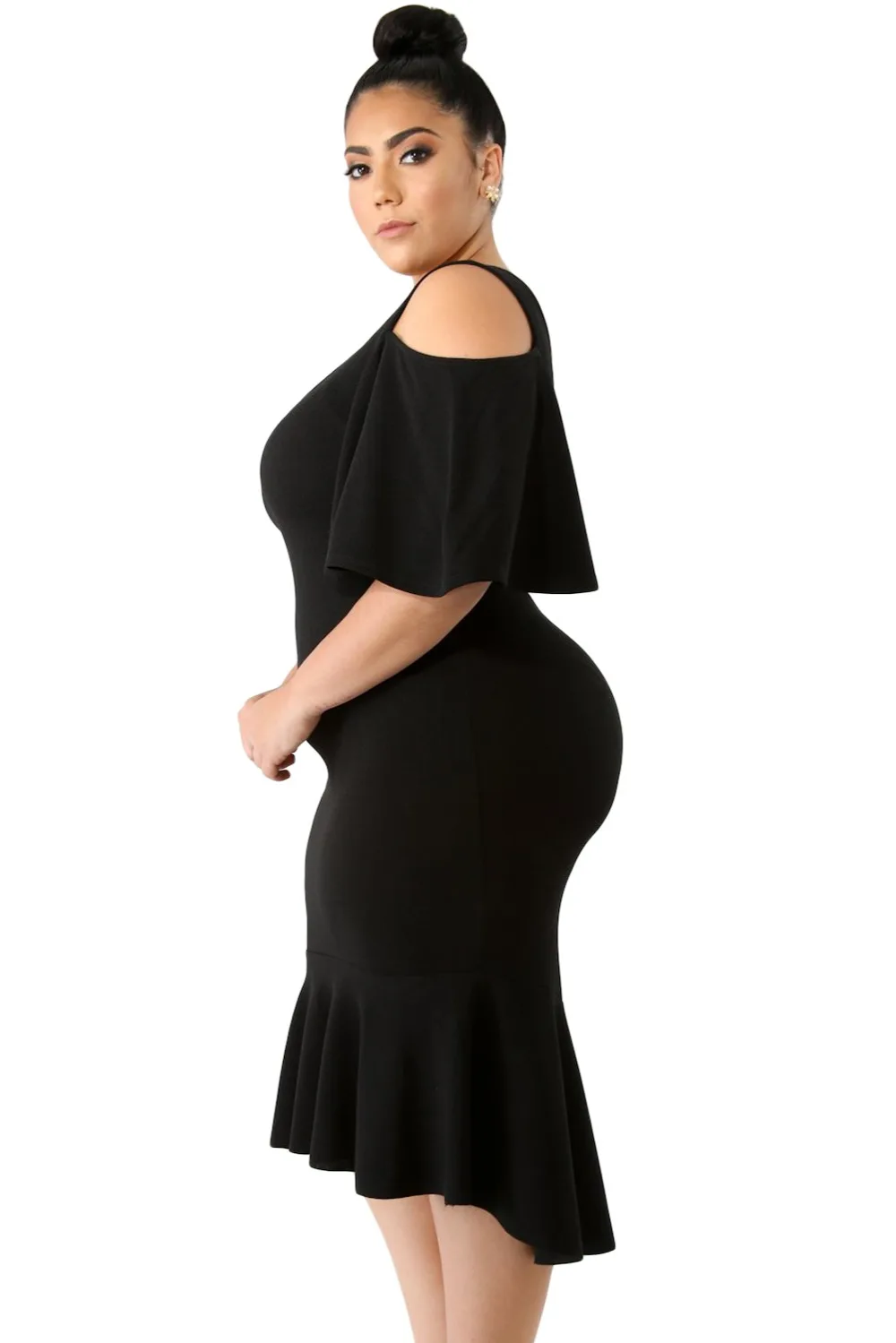 Black-Flutter-Sleeve-Cold-Shoulder-Plus-Size-Dress-LC610265-2-3