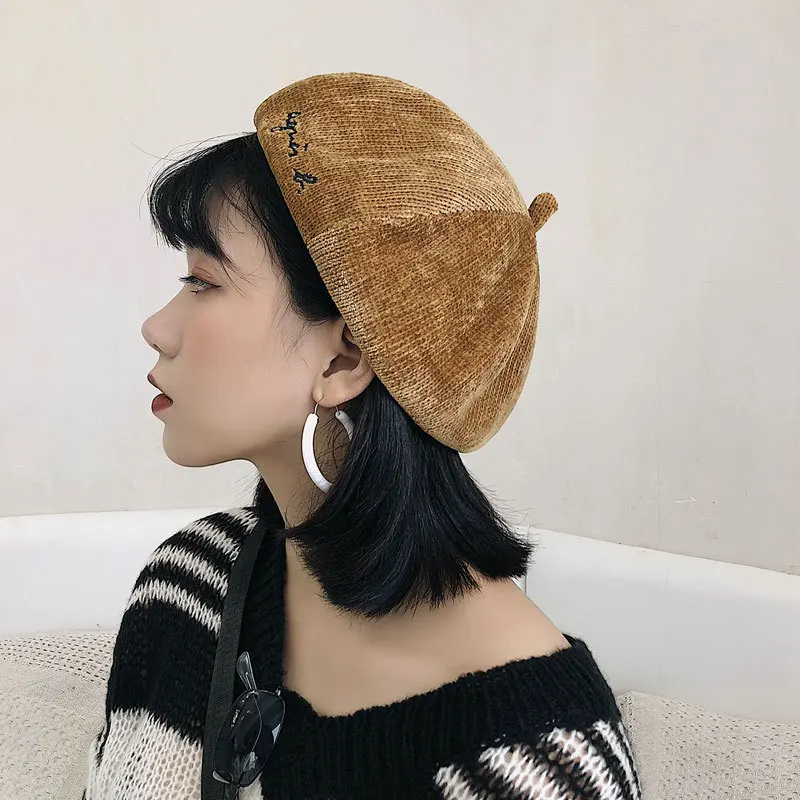 

Soft Corduroy Wool Beret Hat Women Painter Cap Baked Wheat Cake Cap Winter Warm Winter Beret Hat Girl Solid Fashion Cap 2018