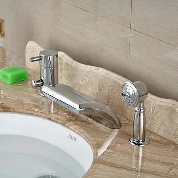 

Waterfall Spout Single Lever Bathroom Tub Faucet with Hand Sprayer Deck Mounted Chrome Brass