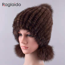 Raglaido трикотажные реального норки шляпа Для женщин Натуральный мех зимние помпон ухо шапки теплые шапочки модные девушки уличные зимние Шапки LQ11240