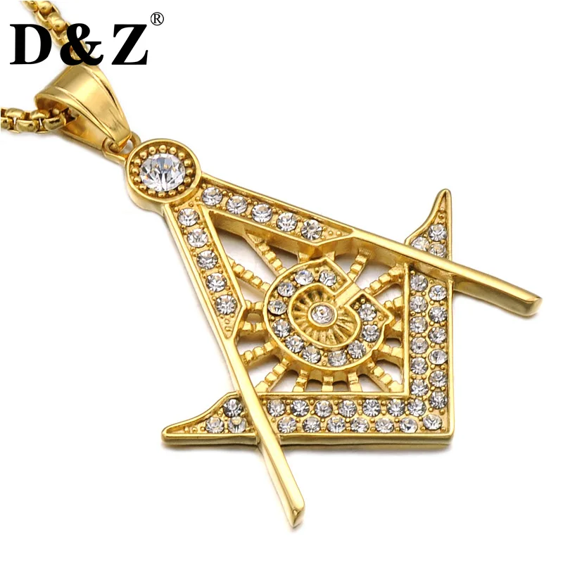

D&Z Hiphop Gold Color Masonic Necklace Ice Out Full Rhinestones Stainless Steel Freemason Pendants Necklaces for Men Jewelry