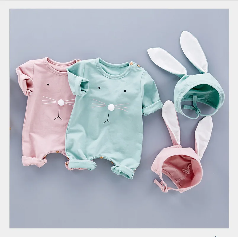 Новинка; сезон весна-осень; детские комбинезоны с милым рисунком кролика; 2 цвета; Джемперы для маленьких девочек и мальчиков; одежда для малышей
