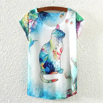 

New Fashion Women Short Sleeve Colorful Cat Animal Print T Shirt Tee Tops
