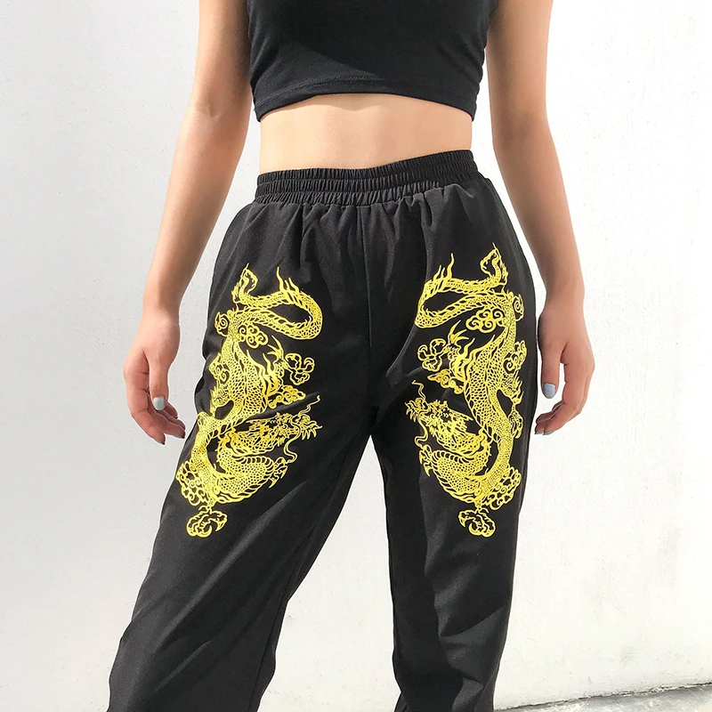 Weekeep/женские черные брюки с высокой талией и принтом дракона, уличная одежда с эластичной талией, узкие брюки, женские штаны для бега в китайском стиле