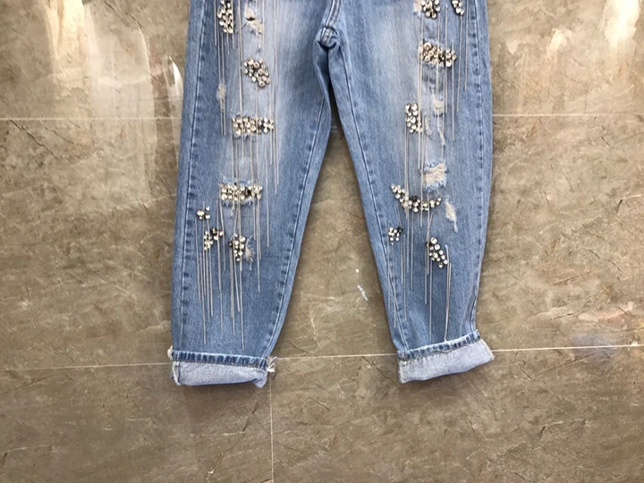 Новая мода блесток джинсы, женские брюки мотобрюки Tallsel Embroideried Flare отверстие рваные прямые для женщин джинсовые штаны Femme