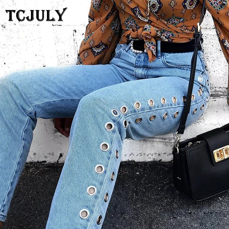 TCJULY 100% хлопок узкие джинсы для женщин в стиле бойфренд выдалбливают ушко пряжка