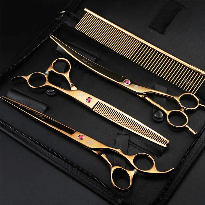 

Pet Grooming Scissors Kit Golden 8 inch Professional Dog Hair Cutting Thinning Shears Set Puppy Cat Rabbit Hair Beauty Supplies