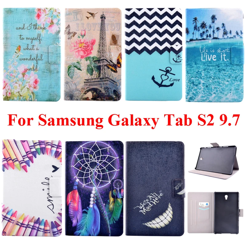 

Stand Cover For Samsung Galaxy Tab S2 9.7 inch T810 T815 Shell Bag TabS2 9.7" T815C T813 Case Tower Rose flower Butterfly Print