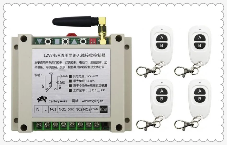 

New DC12V 24V 36V 48V 10A 2CH RF Wireless Switch Relay Receiver Remote Controllers & 4* White AB keys Waterproof Transmitter