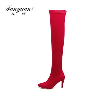 

Fanyuan Women Over The Knee High Boots side zipper Winter Shoes Thin High Heel Pointed Toe All Match Women Boots Size 33-46