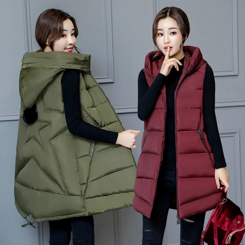 Winter vest women long Casual slim solid Big hood waistcoat vest Autumn sleeveless cotton padded parka coat for female