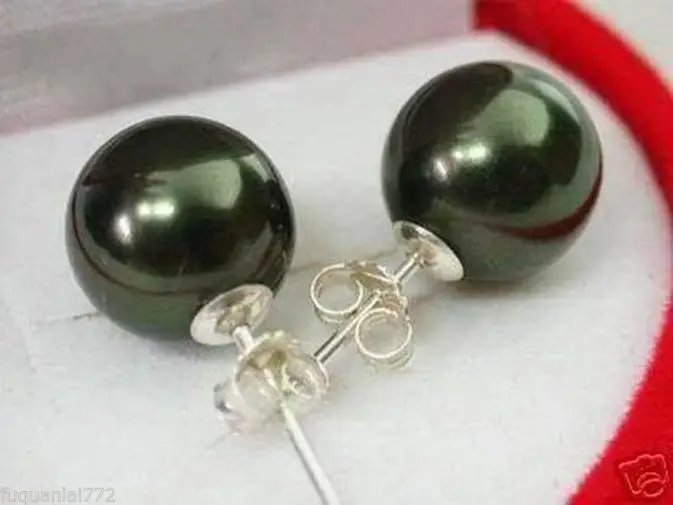 

Hot sell Noble- FREE SHIPPING10mm south Black sea shell pearl Sterling silver Stud earrings AA A0422