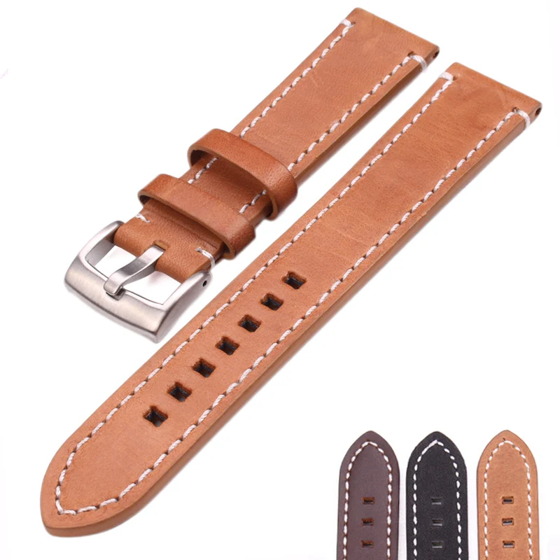 

HENGRC Vintage Watch Band Strap Men Genuine Leather 18 20 22mm Calfskin Watchbands Stainless Steel buckle Accessories