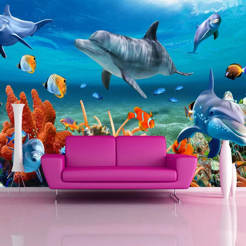 Custom 3D Mural Wallpaper For Kids Underwater Dolphin Fish Wall Paper Aquarium Wall Background Room Decor Kids' Bedding Room