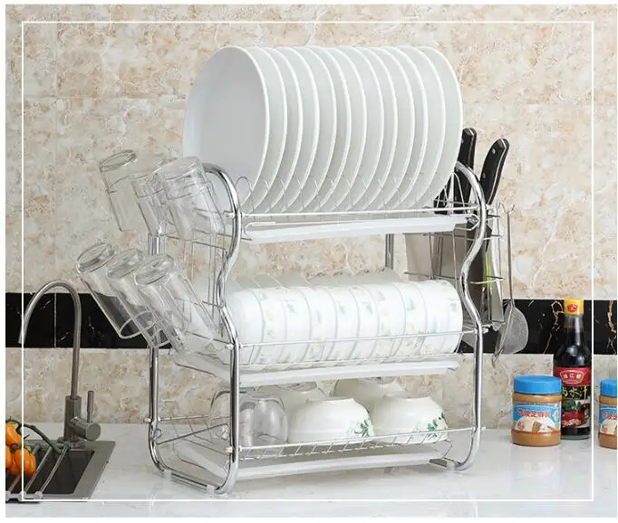 

2/3 Tiers Dish Drying Rack Storage Shelf Kitchen Washing Holder Basket Plated Iron Knife Sink Dish Drainer Drying Rack Organizer