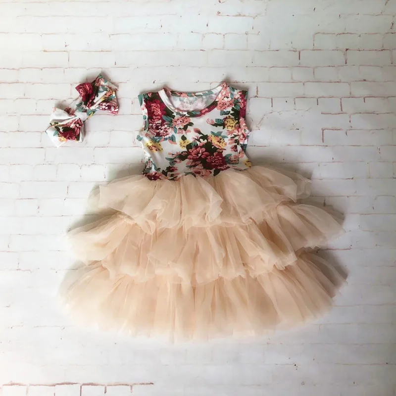 2018  Floral Girls Dress Summer Sleeveless Fashion Baby Girls Clothes Chiffon Ruffle Cute Kids Dress with Headband