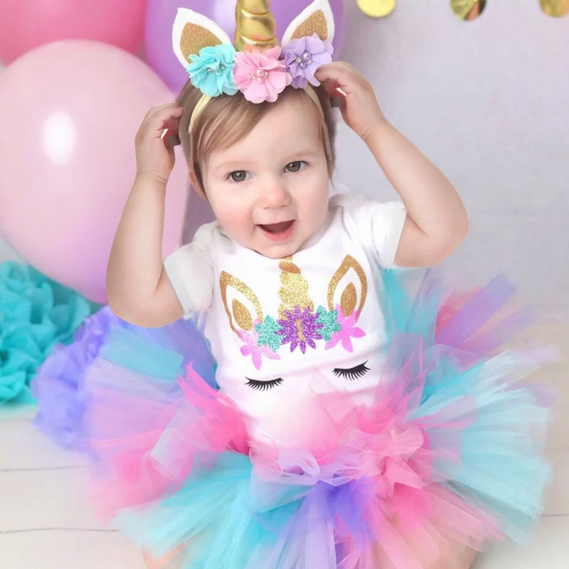 Платье с единорогом для маленьких девочек, нарядная одежда принцессы для первого дня рождения, платье для крещения, радужная юбка-пачка, 1 год