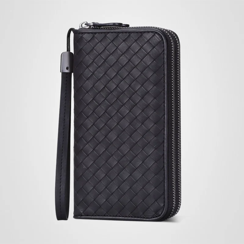 

genuine leather wallet woven bag large capacity double zippers cowhide wallet high quality