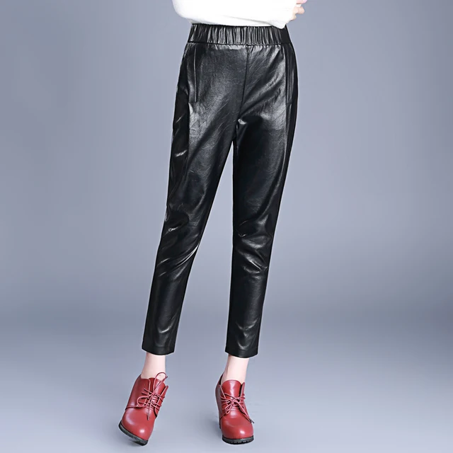 2016 New Arrival PU Leather Pants Women's Fashion Harem Pants Casual Solid Elastic Waist Leather Trousers Loose Capris 1