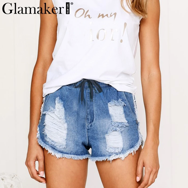 Glamaker Denim Lace Up Hole Ladies Shorts Women Sexy High Waist Pocket