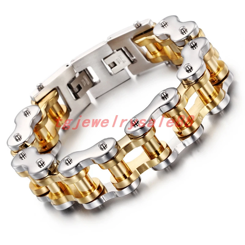 

Fashion Silver Gold Color Bicycle Motorcycle Chain Bracelet Punk Rock Men's 18/22mm Wide Stainless Steel Bangles Jewelry