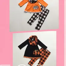 Осенние наряды комплекты из 3 предметов для девочек с шарфом наряды для девочек на Хэллоуин платье с принтом тыквы клетчатые штаны эксклюзивная одежда для маленьких девочек