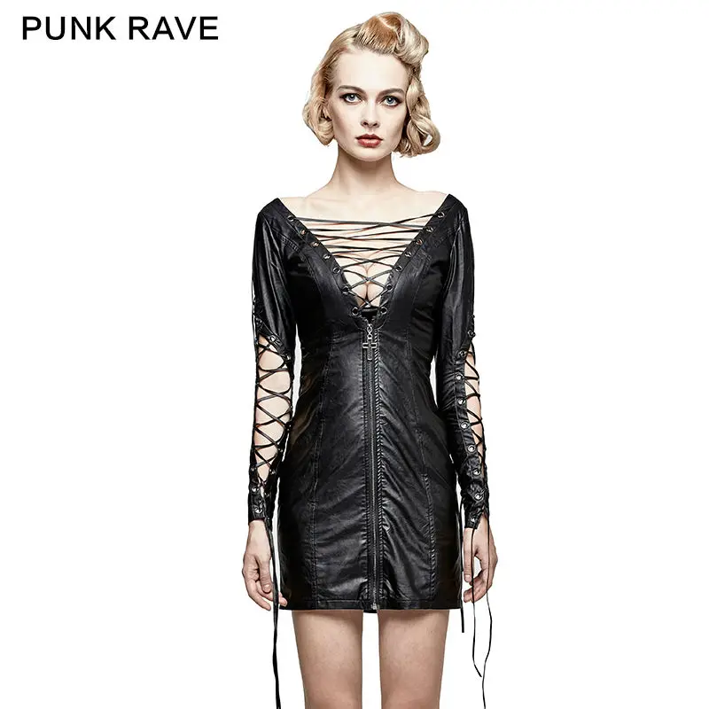 

PUNK RAVE Fashion Women Steampunk Sexy Dresses Gothic Black Leather Dress Casual Female Evening Party Sexy Dresses