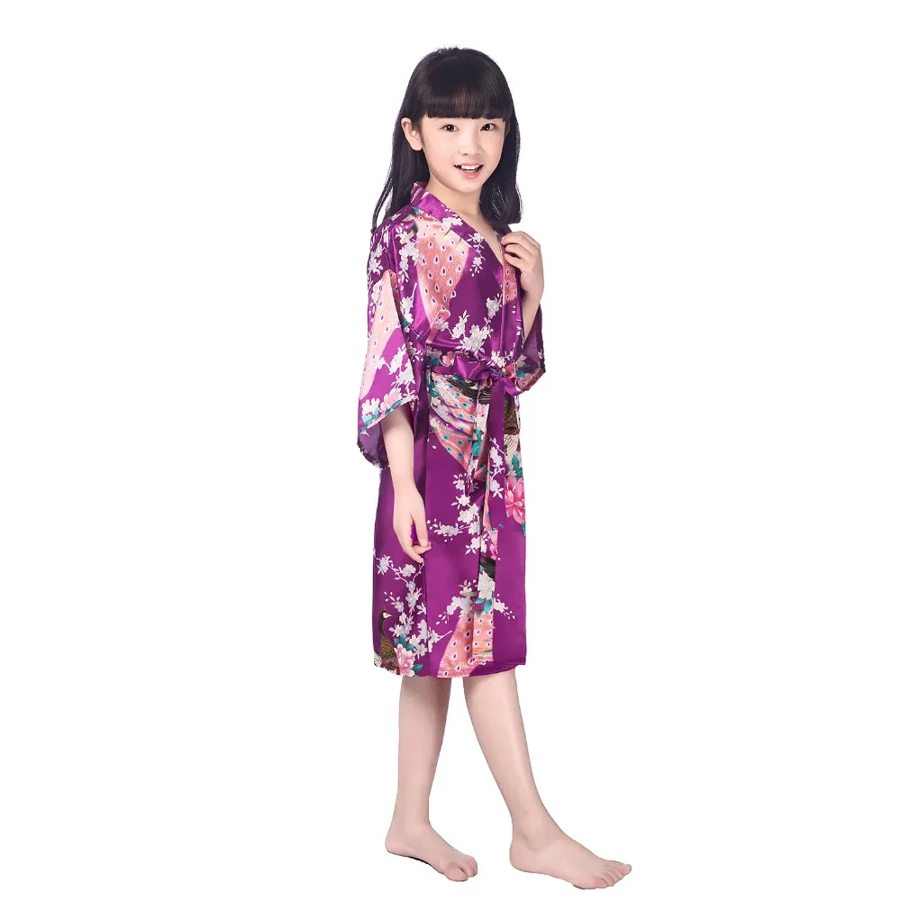 Новое платье для девочек атласное кимоно; наряд на свадьбу для подружки невесты вечерние Халаты для девочек "павлин", ночная рубашка, одежда для сна халаты для девочек B22