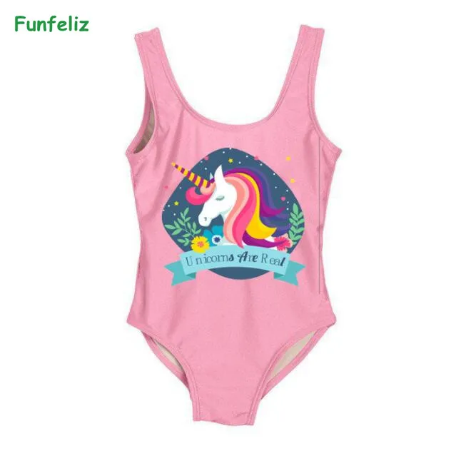 Funfeliz Flamingo Swimsuit for Girls 2-8 Years One Piece Girls Swimwear Cute Unicorn Kids Swimming Suit Children Bathing suits