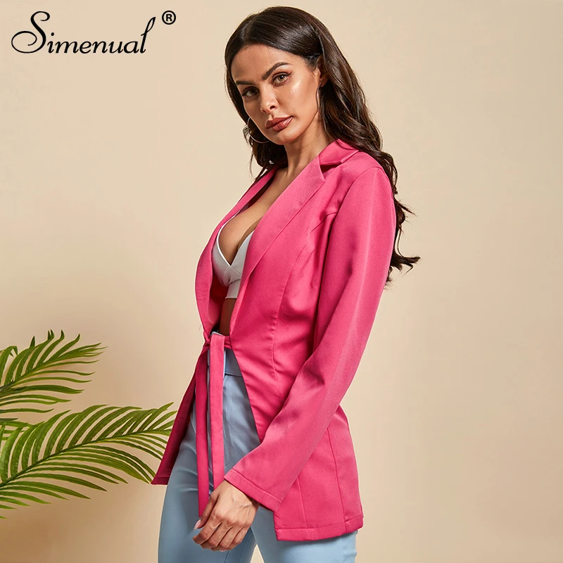 Simenual Fashion Women Pink Blazer Long Sleeve Office Lady Jacket Bandage Slim Solid Casual 2019 Autumn Blazers Deep V Neck New