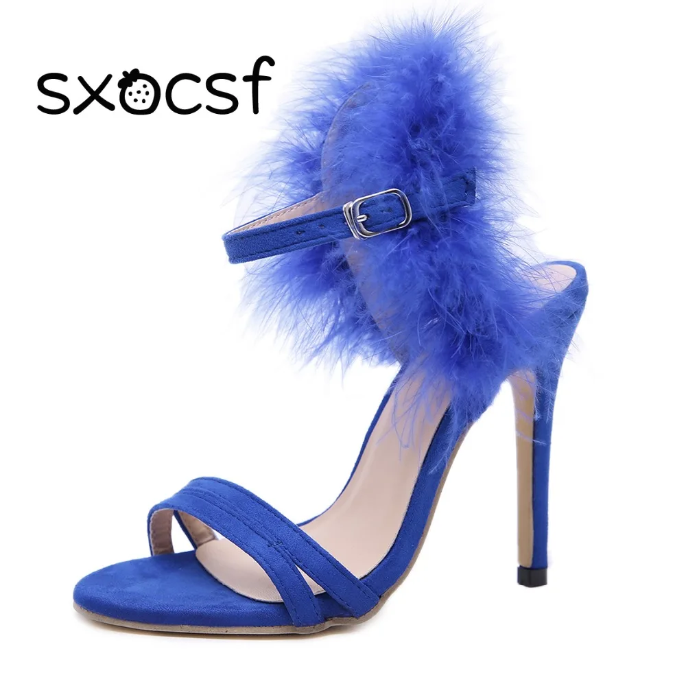 

Fashion High Heels Sandals Women Feather Sexy Flock Summer Shoes Female Buckle Stiletto Party Wedding Woman Shoes Black Blue