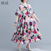 Vestido de verão feminino, plus size 4xl 5xl estampa floral vestido boho vestido de linho vestido longo de algodão solto grande robe vestido de praia 2019 longue