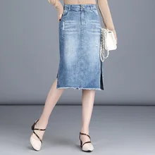 Джинсовая женская юбка, лето, новинка, высокая талия, с ворсом, Женская юбка с бахромой, с разрезом, faldas mujer, женские повседневные юбки до колен