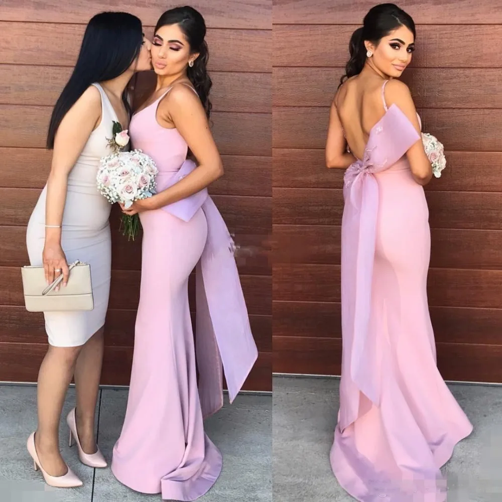 

Dusty Pink Backless Mermaid Bridesmaid Dresses Long Spaghetti Straps Big Bow Maid Of Honor 2019 Wedding Guest Dress For Women