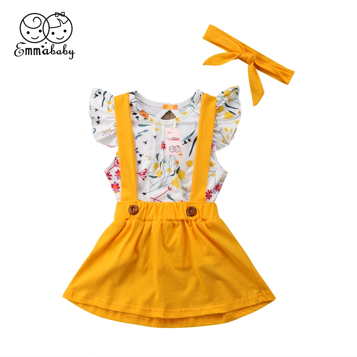 

Newborn Kids Toddler Baby Girls Floral Flying Sleeve O-Neck Tops Solid Strap Skirt Set With Bowknot Headband 3Pcs Outfits 0-5T