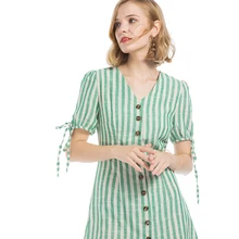 Mulheres de Linho de Algodão Listrado Verde V Neck Vestidos Femme Amarrar Manga Curta Botão Casual Vestidos de Verão 2018 vestido Da Forma Da Senhora vestido