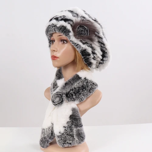 Новая зимняя женская теплая Настоящий мех кролика шапка с натуральным шарф из меха кролика рекс 2 шт наборы модный головной убор и глушитель - Цвет: grey white